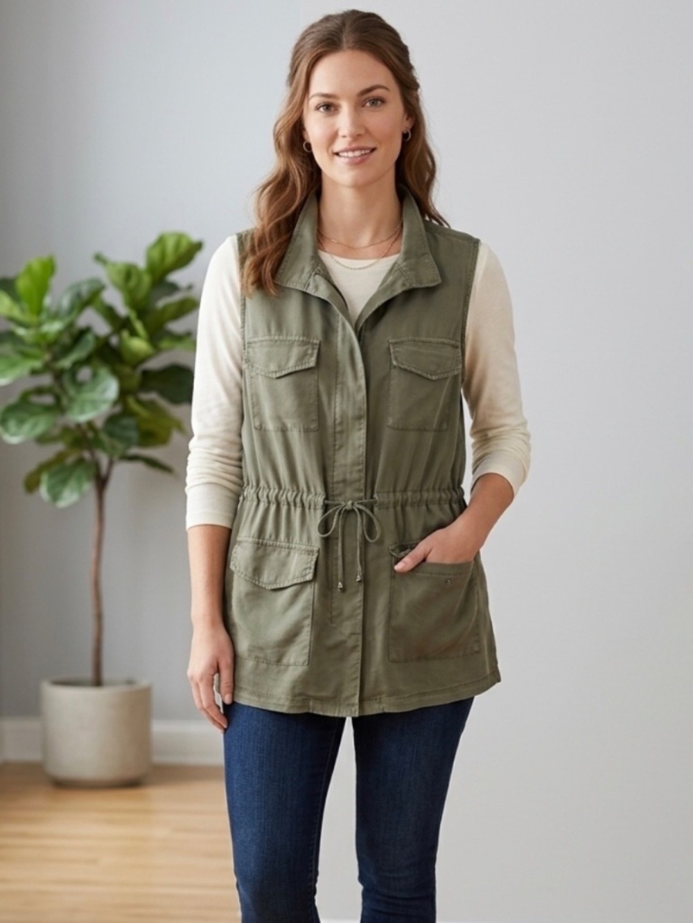 A.N.A Olive Green Utility Cargo Military Safari Style Jkt/Vest Drawstring Sz XL